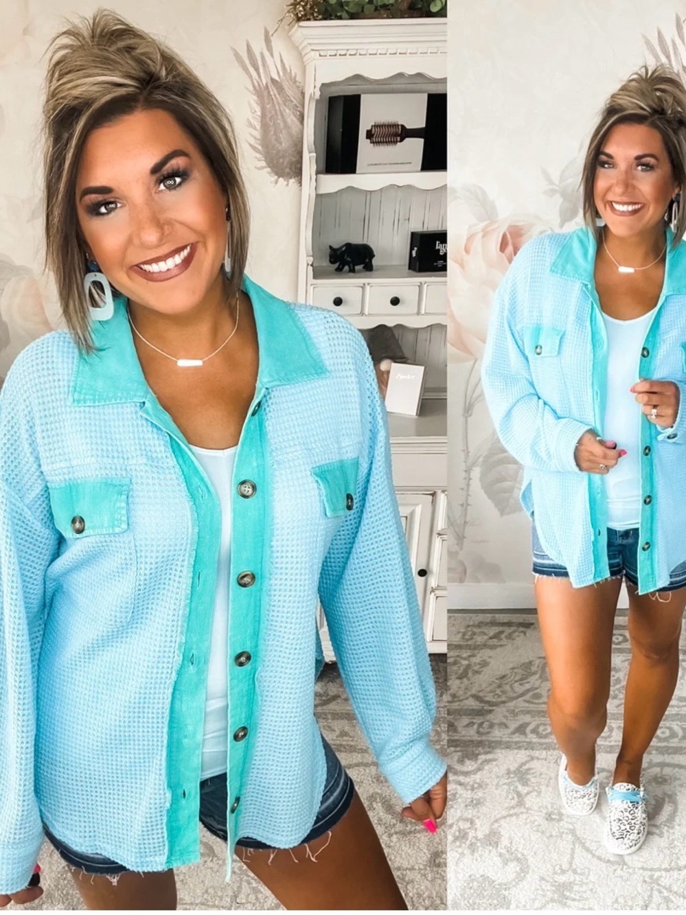 DAVI & DANI Waffle Knit Button Down Shirt - Medium